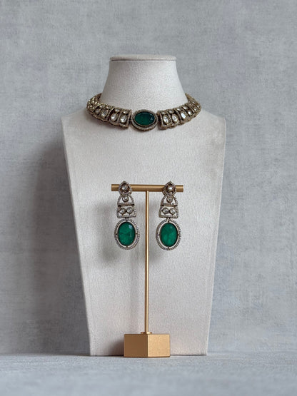 Ayura Designs Sadie Necklace Set with Earrings – Emerald Green Centre Stone, Moissanite Style Stones & Crystal Halo Detailing