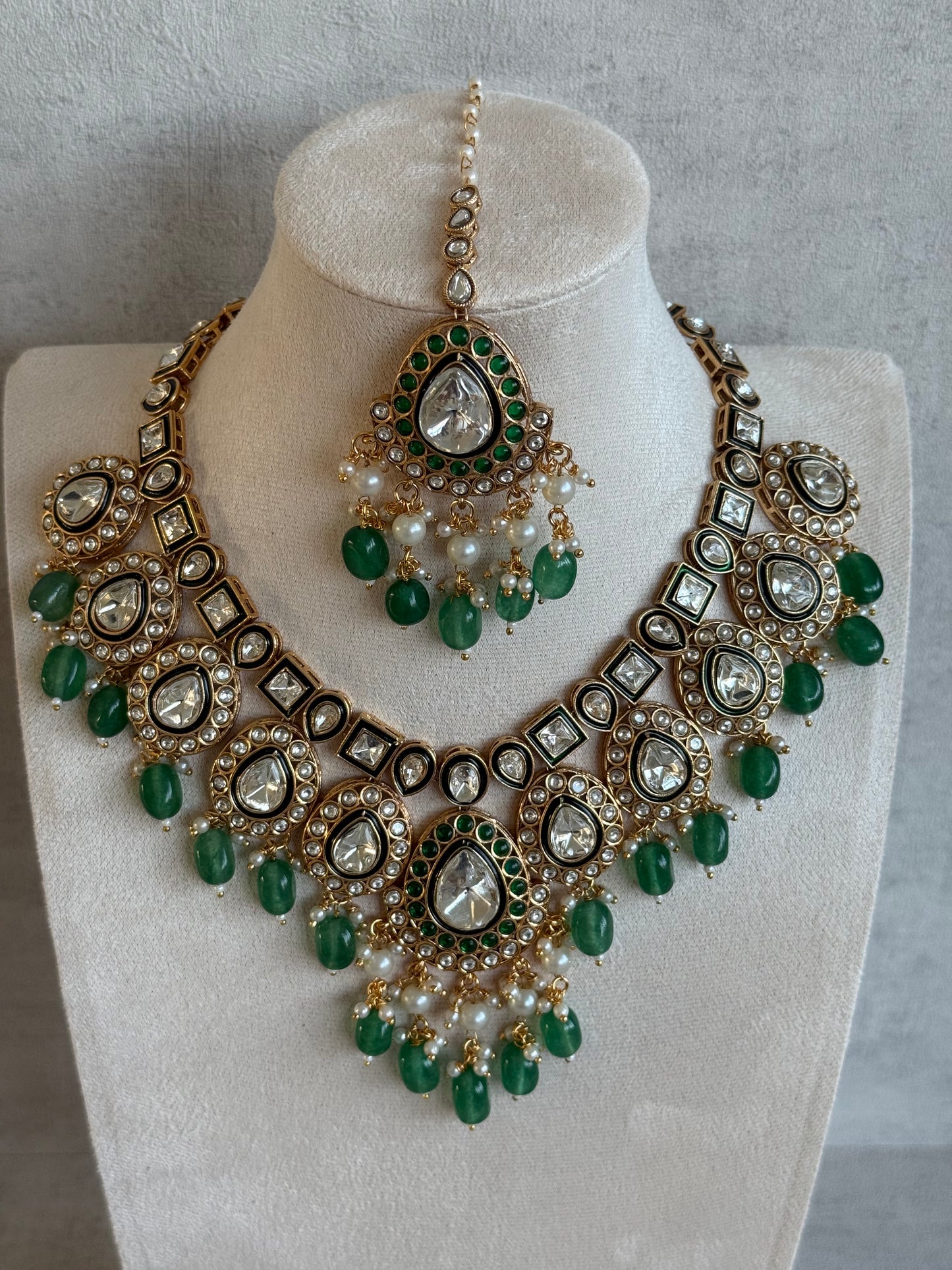 Ayura Designs Ishyat Set with Necklace, Earrings & Tikka – Kundan Detailing, Emerald Green Bead Drops
