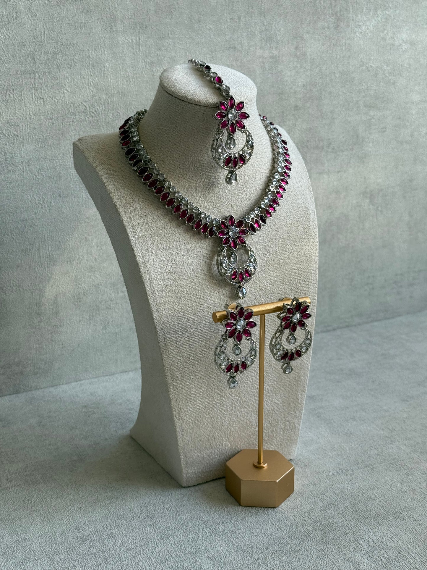 Ayura Designs Fareeha Set with Necklace, Earrings & Tikka – Mirror-Cut Stones, Fuchsia Floral Detailing & Silver Finish