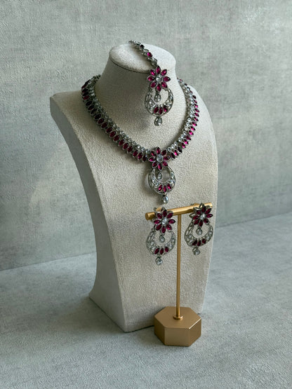Ayura Designs Fareeha Set with Necklace, Earrings & Tikka – Mirror-Cut Stones, Fuchsia Floral Detailing & Silver Finish