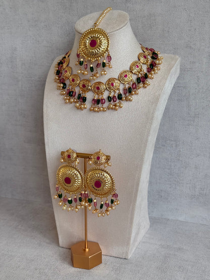 Ayura Designs Jyoti Set with Earrings & Tikka – Gold Disc Necklace with Ruby Pink, Emerald Green & Pearl Detailing