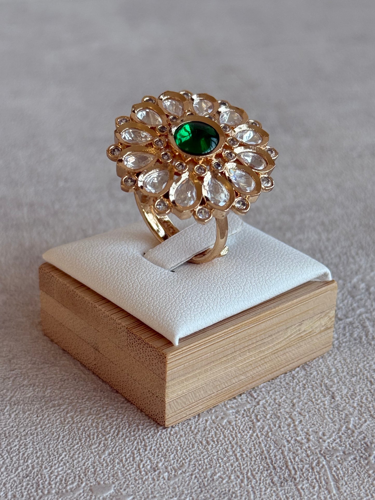 Ayura Designs Luisa Adjustable Ring – Emerald Green Centre Stone with Crystal Petal Detailing