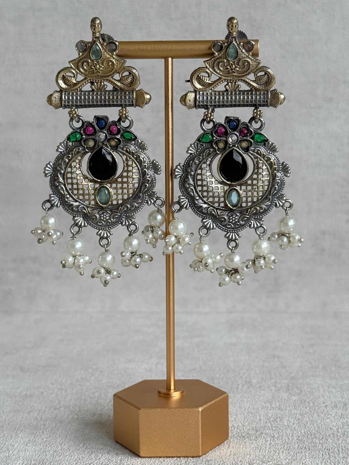 Ayura Designs Taali Earrings – Dual Tone Oxidised Statement Earrings with Multicolour Stones & Pearl Clusters