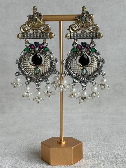 Ayura Designs Taali Earrings – Dual Tone Oxidised Statement Earrings with Multicolour Stones & Pearl Clusters