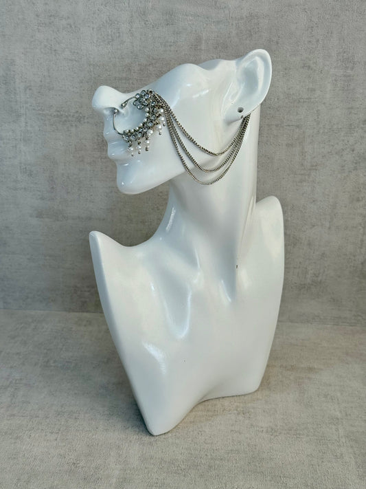 Ayura Designs Kasu Nath – Silver Nath with Pearl Drops, Crystal Detailing & Layered Chain Design