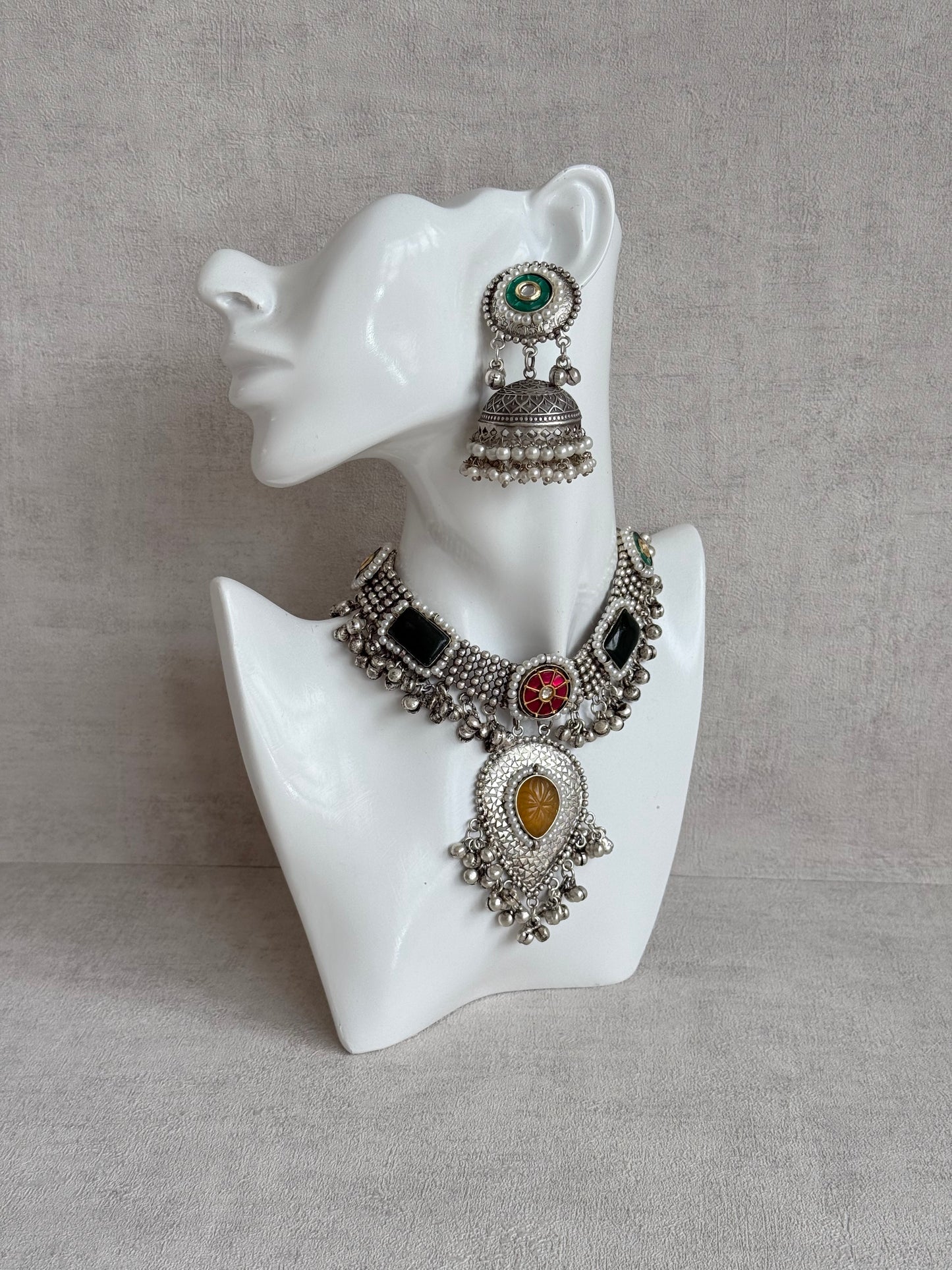 Ayura Designs Izel Necklace Set with Jhumkis – Oxidised Silver Statement Necklace with Multicolour Stones & Ghungroo Detailing