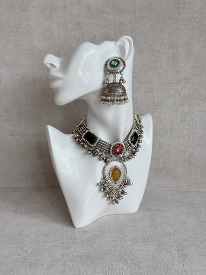 Ayura Designs Izel Necklace Set with Jhumkis – Oxidised Silver Statement Necklace with Multicolour Stones & Ghungroo Detailing