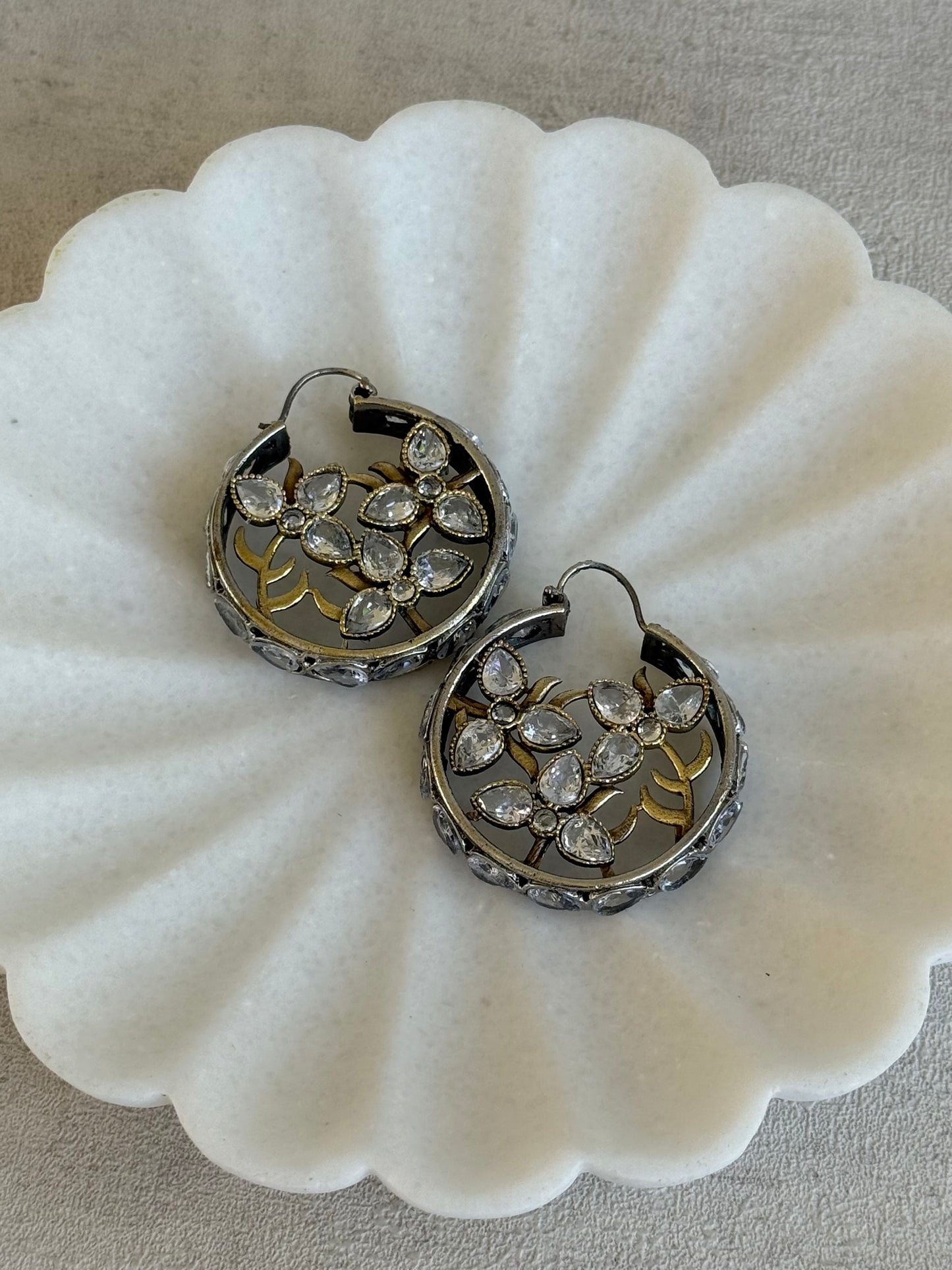 Ayura Designs Nureh Earrings – Dual Tone Floral Hoop Earrings with Crystal Stones & Cutwork Detailing