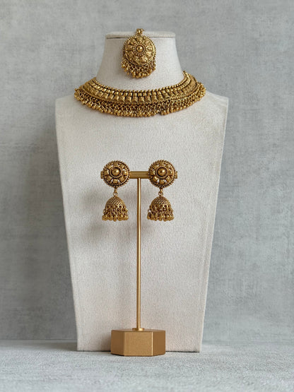 Ayura Designs Iksirat Necklace Set with Jhumkis & Tikka – Gold Heritage Design with Ghungroo Detailing