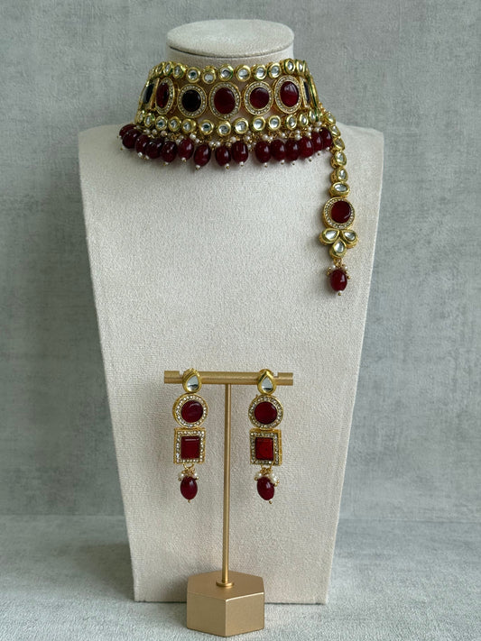 Ayura Designs Ishi Set With Choker, Earrings & Tikka – Kundan Stones With Deep Maroon Beads