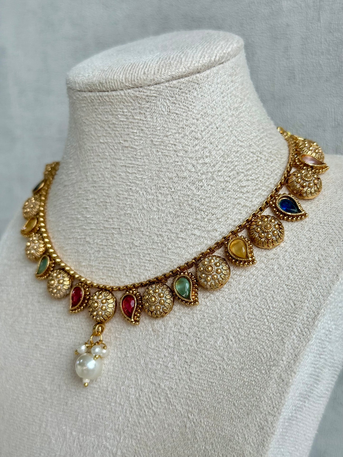Ayura Designs Mayura Necklace Set with Earrings – Antique Gold Meenakari Motifs with Pearl Drop & Multicolour Stones