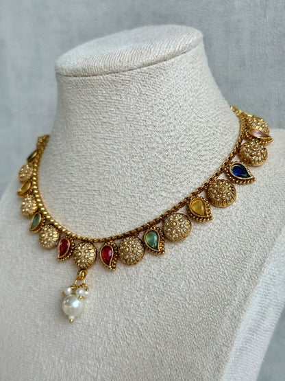Ayura Designs Mayura Necklace Set with Earrings – Antique Gold Meenakari Motifs with Pearl Drop & Multicolour Stones