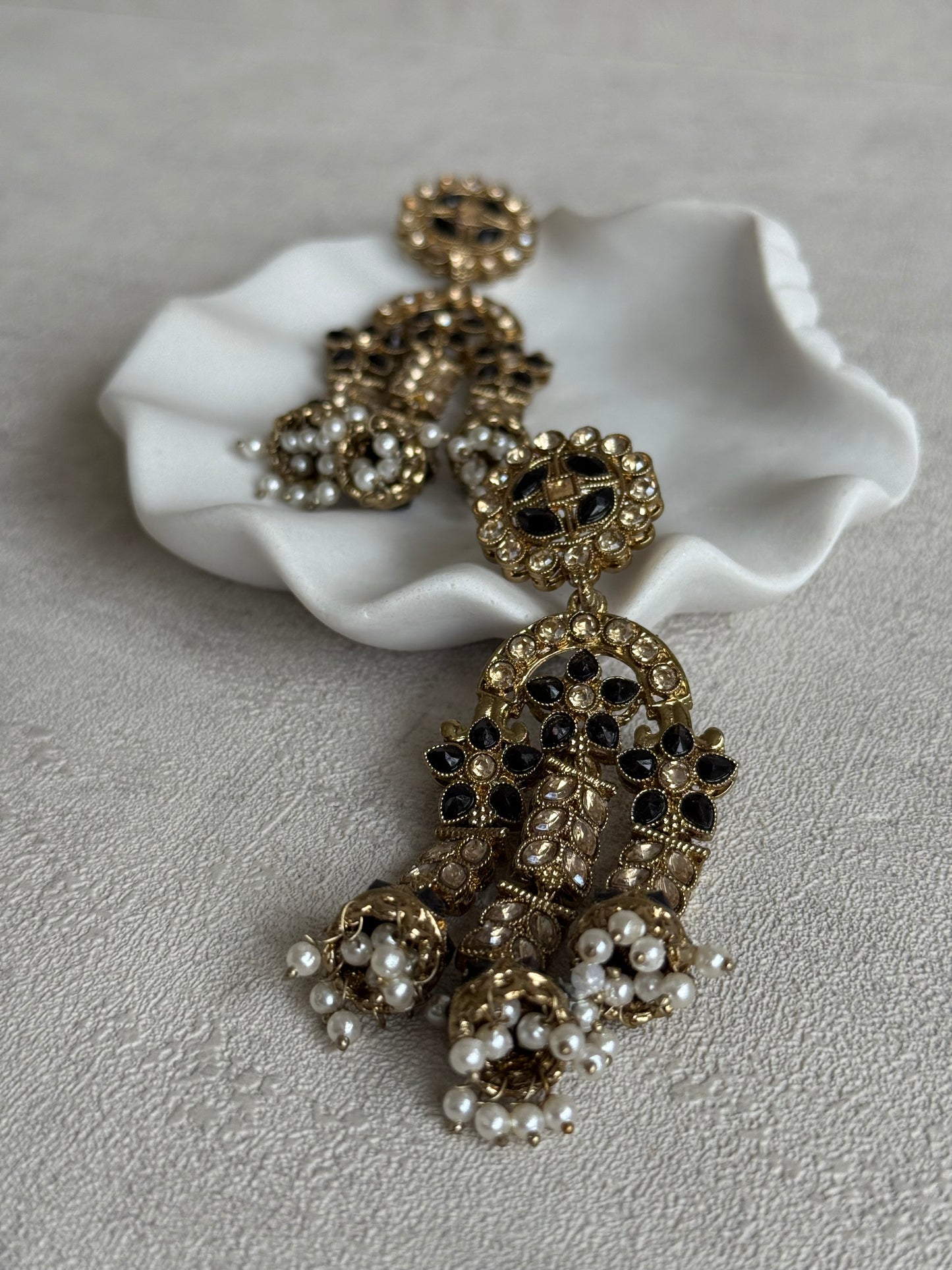 Ayura Designs Soraya Earrings – Black Stones, Champagne Crystals, Pearl Detailing & Gold Finish