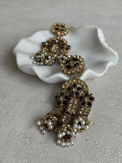 Ayura Designs Soraya Earrings – Black Stones, Champagne Crystals, Pearl Detailing & Gold Finish