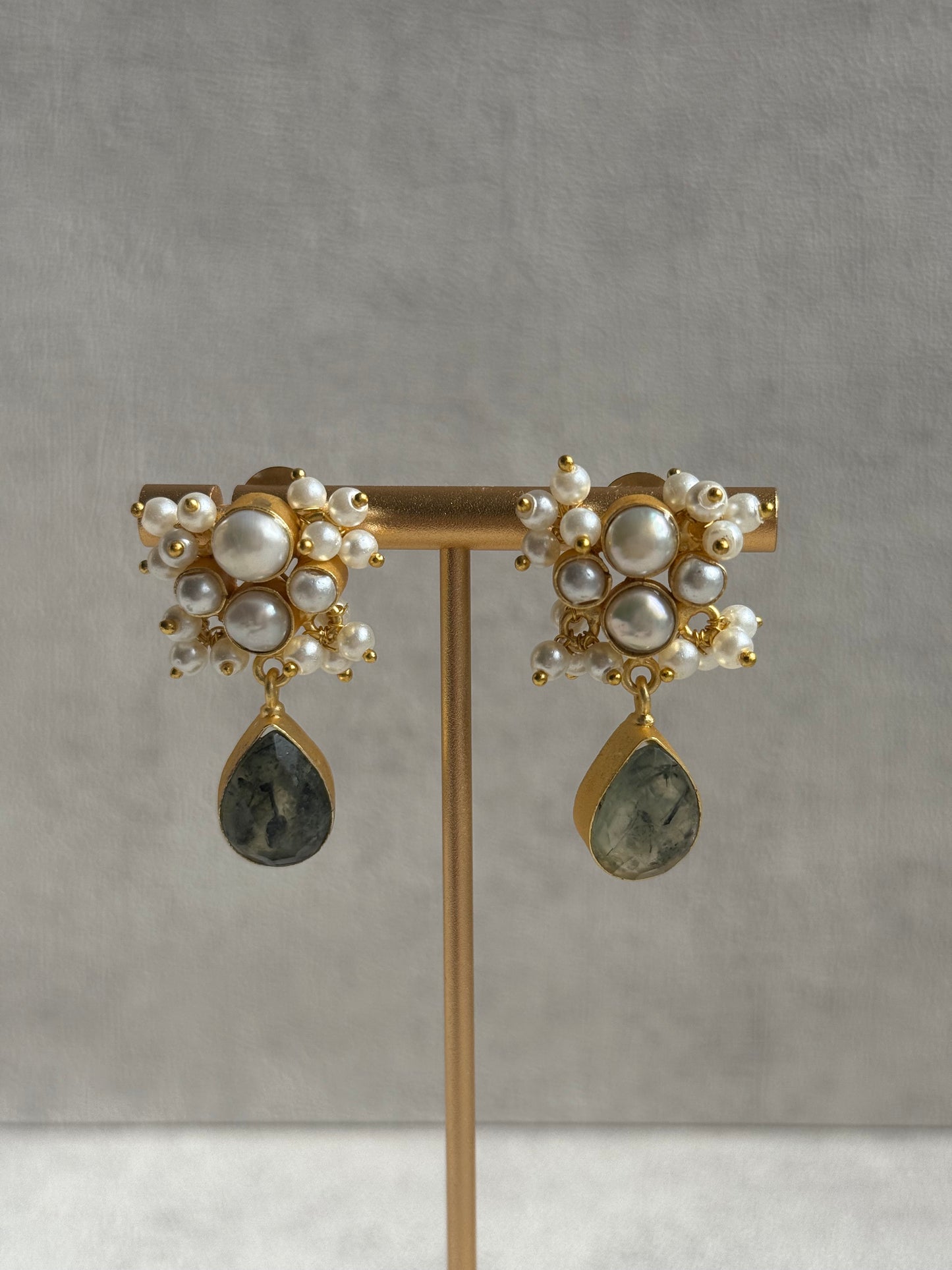 Ayura Designs Mireya Set with Earrings & Tikka – Pearls, Prehnite Drops & Antique Gold Finish