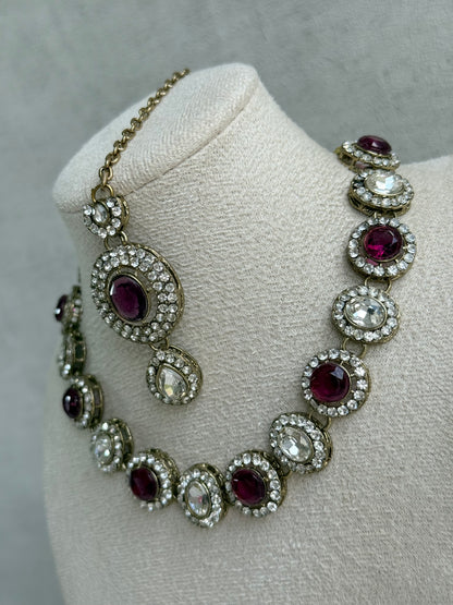 Ayura Designs Eira Necklace Set with Earrings & Tikka – Plum & Crystal Stones with Antique Gold Finish