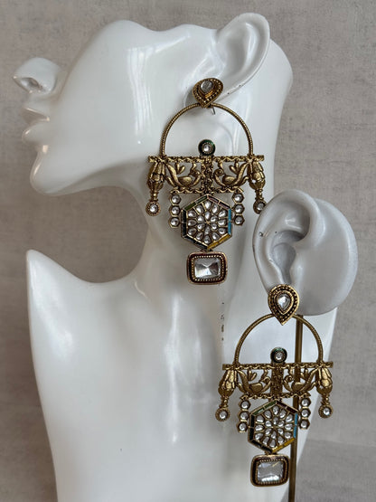 Ayura Designs Irene Earrings – Multicolour Kundan, Meenakari & Crystal Peacock Chandeliers in Gold