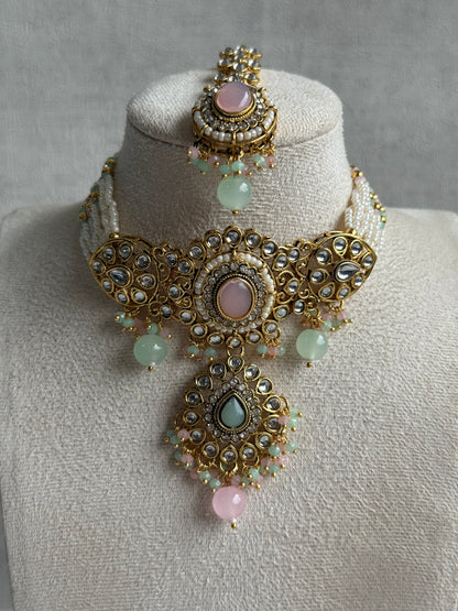 Ayura Designs Muskaan Set – Choker, Jhumkis & Tikka with Blush Pink & Mint Beads, Kundan Stones & Antique Gold Finish