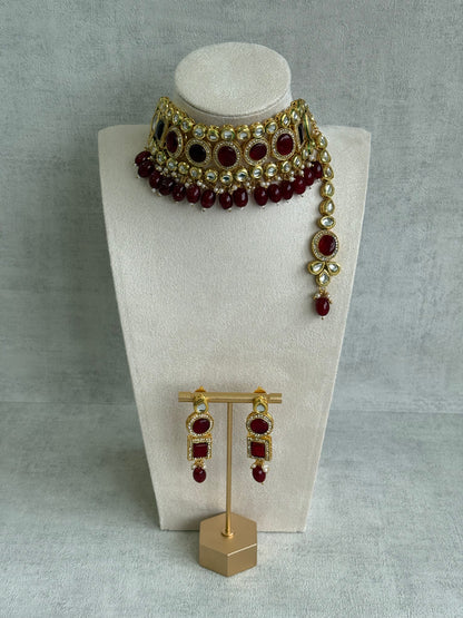 Ayura Designs Ishi Set With Choker, Earrings & Tikka – Kundan Stones With Deep Maroon Beads