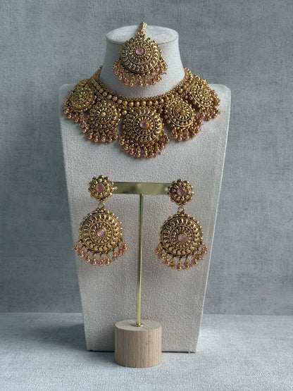 Ayura Designs Rummy Set – Statement Necklace, Earrings & Tikka with Blush Pink Beads and Polished Gold Finish