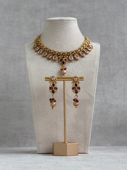 Ayura Designs Perniya Set with Necklace & Earrings – Mirror-Cut Stones with Multicolour Accents in Antique Gold Finish