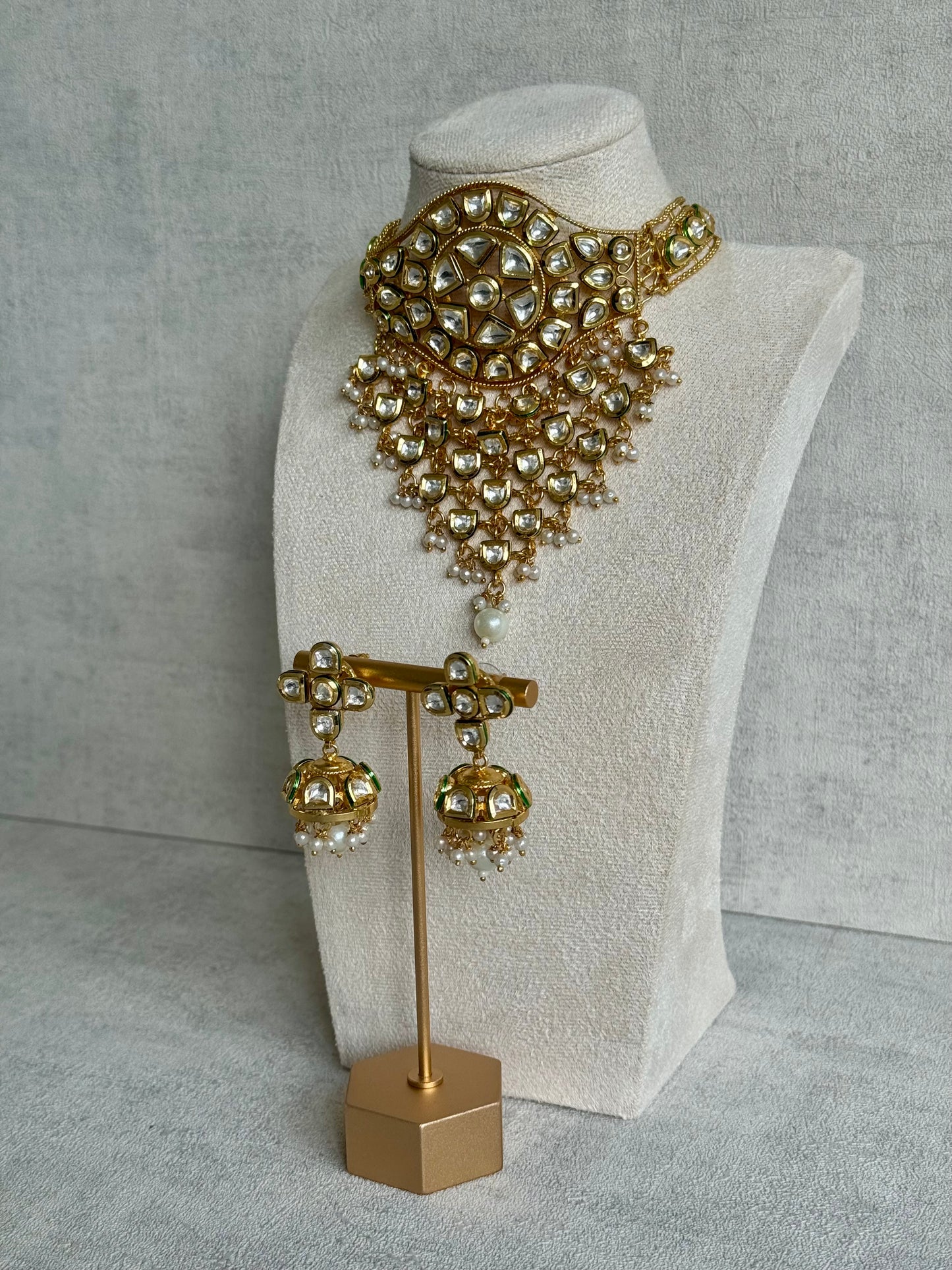 Ayura Designs Sophia Set with Earrings – Kundan Stones, Pearl Detailing & Gold Finish