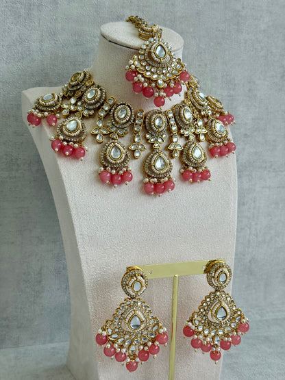 Ayura Designs Janvi Set with Necklace, Earrings & Tikka – Kundan Detailing, Peach Beads & Pearls Drops
