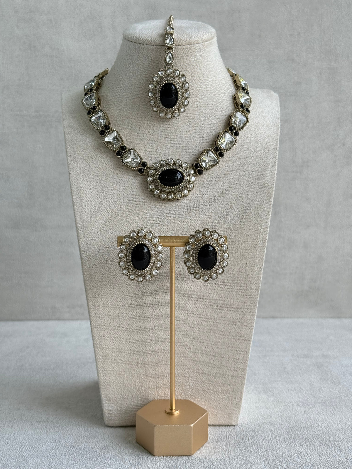 Ayura Designs Inza Necklace Set – Black Stones, Kundan & Crystals with Antique Gold Finish
