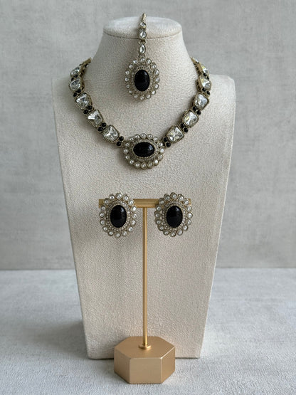 Ayura Designs Inza Necklace Set – Black Stones, Kundan & Crystals with Antique Gold Finish