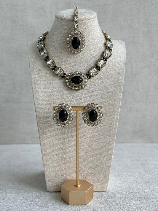 Ayura Designs Inza Necklace Set – Black Stones, Kundan & Crystals with Antique Gold Finish