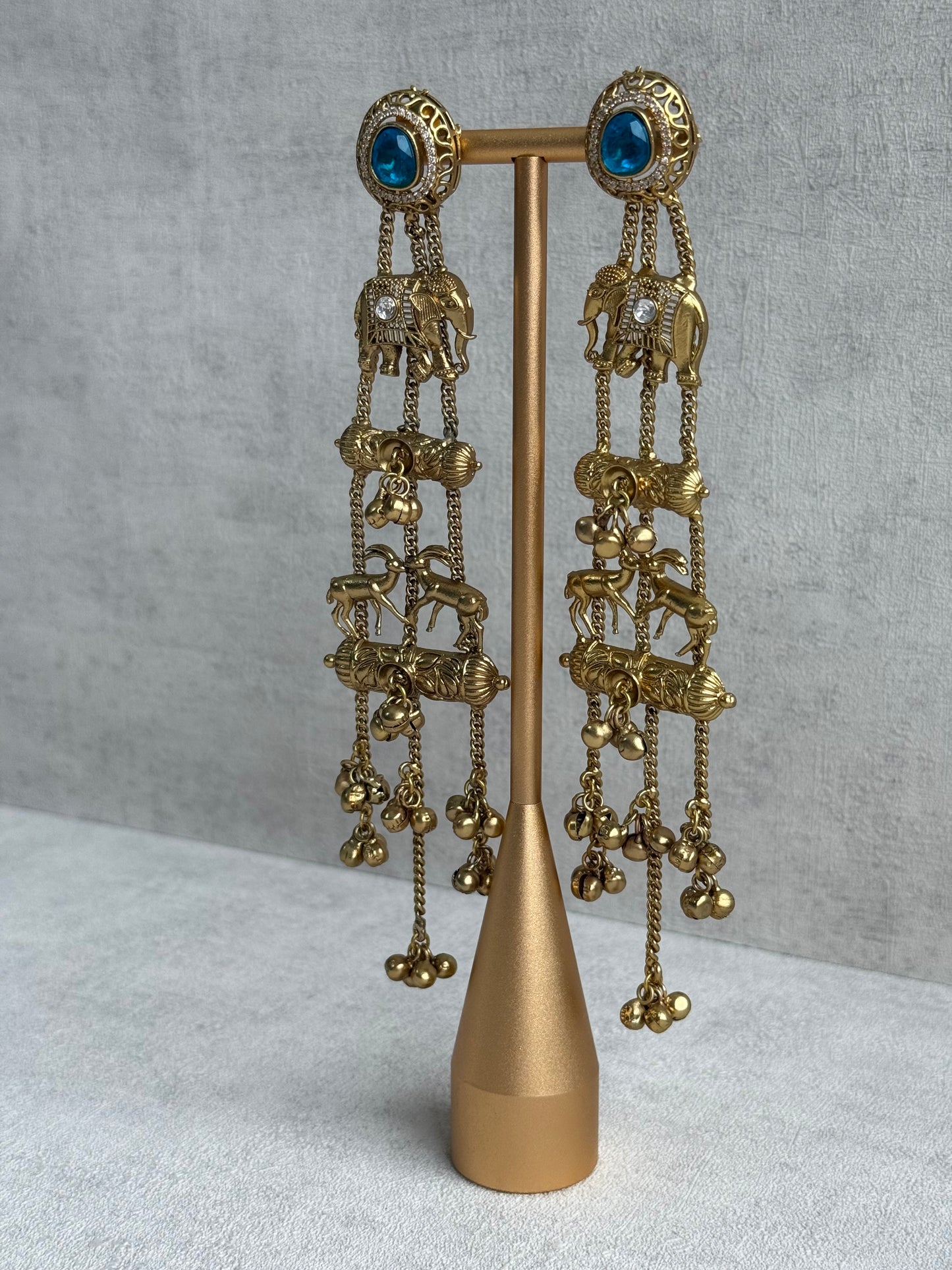 Ayura Designs Sonal Earrings – Antique Gold Dangler Earrings with Elephant & Deer Motifs, Blue Stone Tops & Ghungroo Detailing