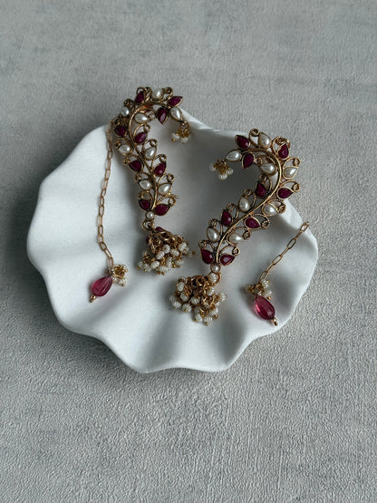 Ayura Designs Mastani Earrings – Gold Ear Climbers with Ruby Stones, Pearls & Jhumki Drops