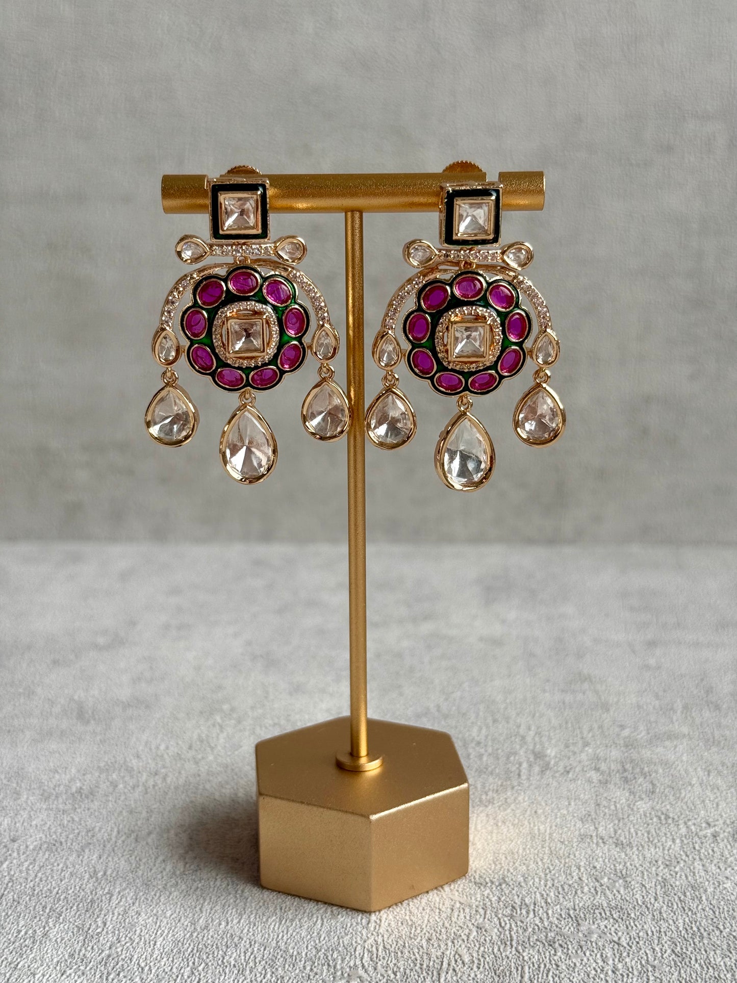 Ayura Designs Ishika Set – Kundan Necklace with Pink & Green Meenakari and Teardrop Crystals