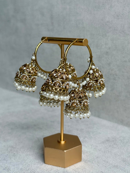 Ayura Designs Nakhra Balis – Ivory Triple Dome Earrings with Pearl Clusters & Mirror-Cut Detailing