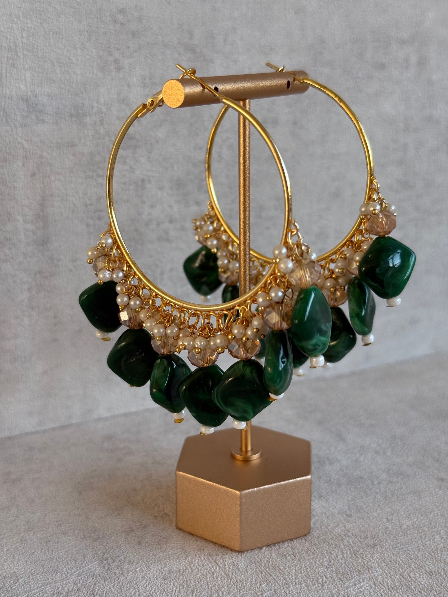 Ayura Designs Heer Balis – Gold Hoops with Forest Green Marble Beads, Pearls & Crystal Detailing