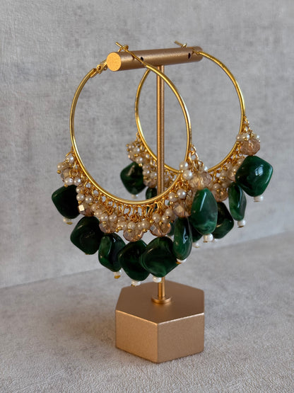 Ayura Designs Heer Balis – Gold Hoops with Forest Green Marble Beads, Pearls & Crystal Detailing