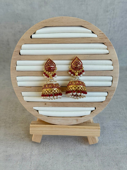 Ayura Designs Jogan Jhumkis – Red & White Beads with Antique Gold Detailing
