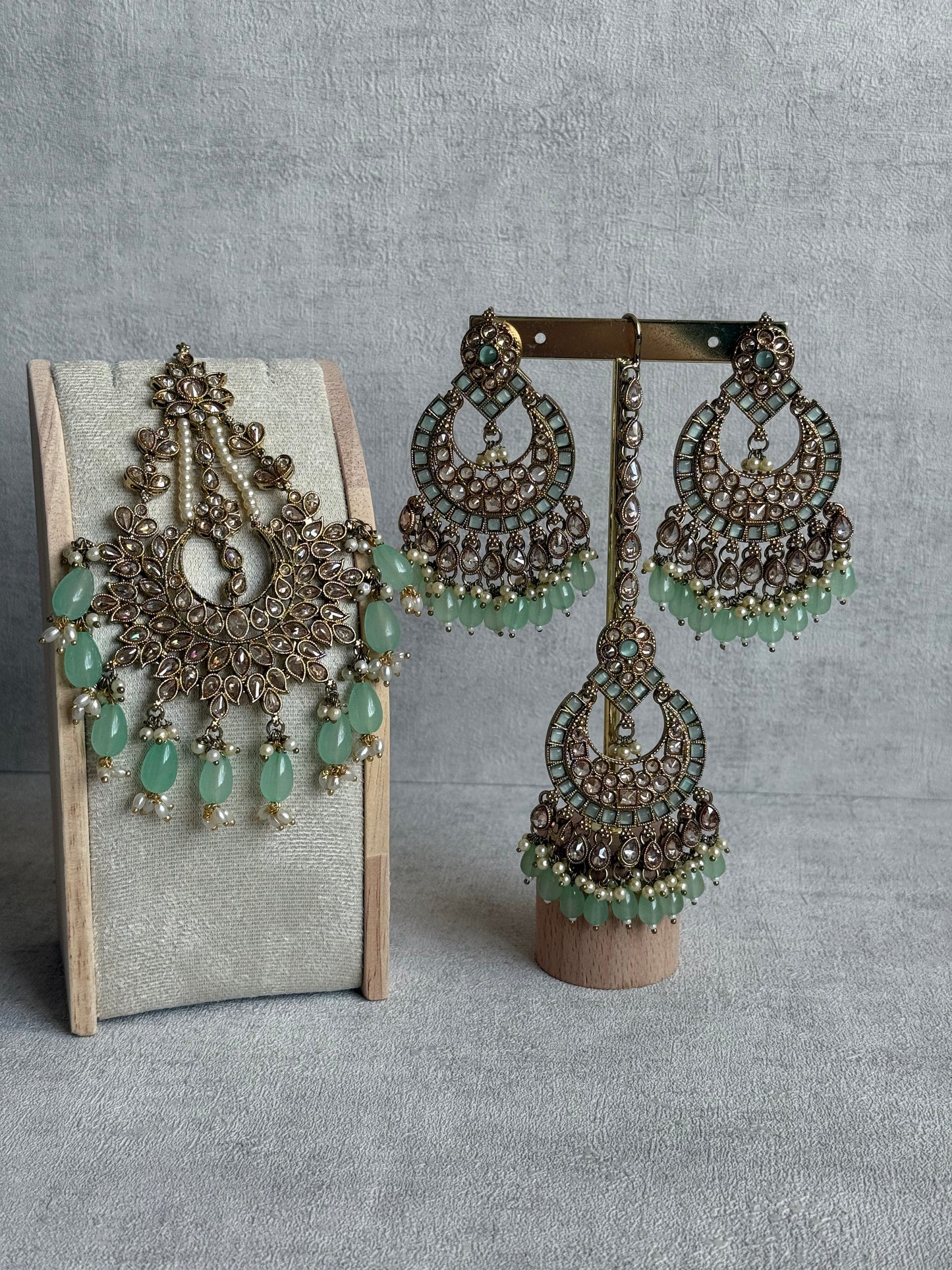 Ayura Designs Sajda Bridal Set with Necklace, Earrings, Tikka & Passa – Pistachio Green Beads, Kundan & Mirror-Cut Detailing