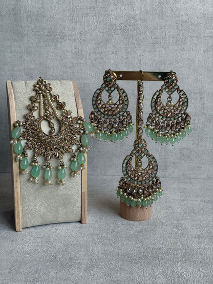 Ayura Designs Sajda Bridal Set with Necklace, Earrings, Tikka & Passa – Pistachio Green Beads, Kundan & Mirror-Cut Detailing