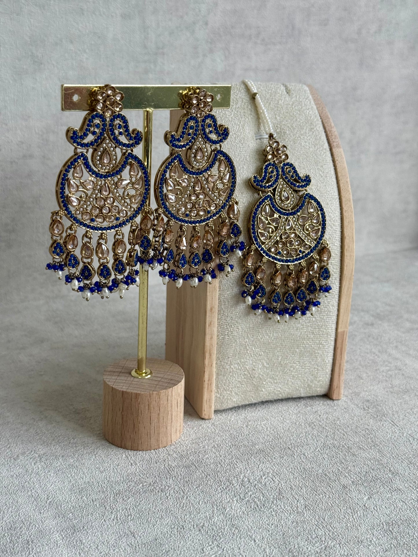 Ayura Designs Anvi Tikka Set with Earrings – Ink Blue with Champagne Stones & Pearl Drops