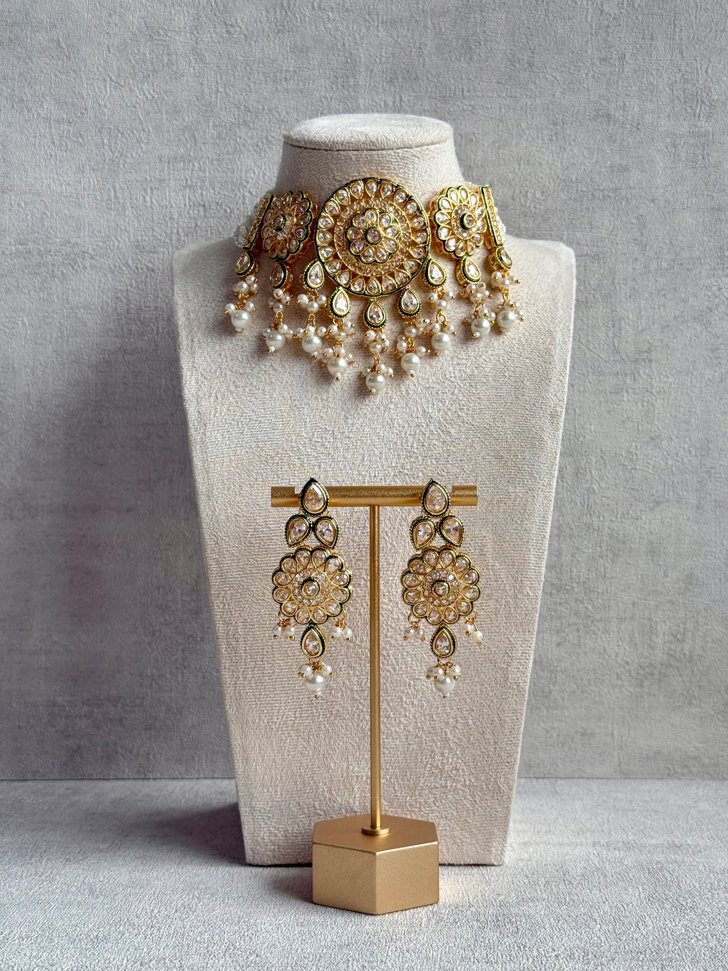 Ayura Designs Khusali Set – Necklace & Earrings with Kundan Stones, Green Enamel, and Pearl Detailing