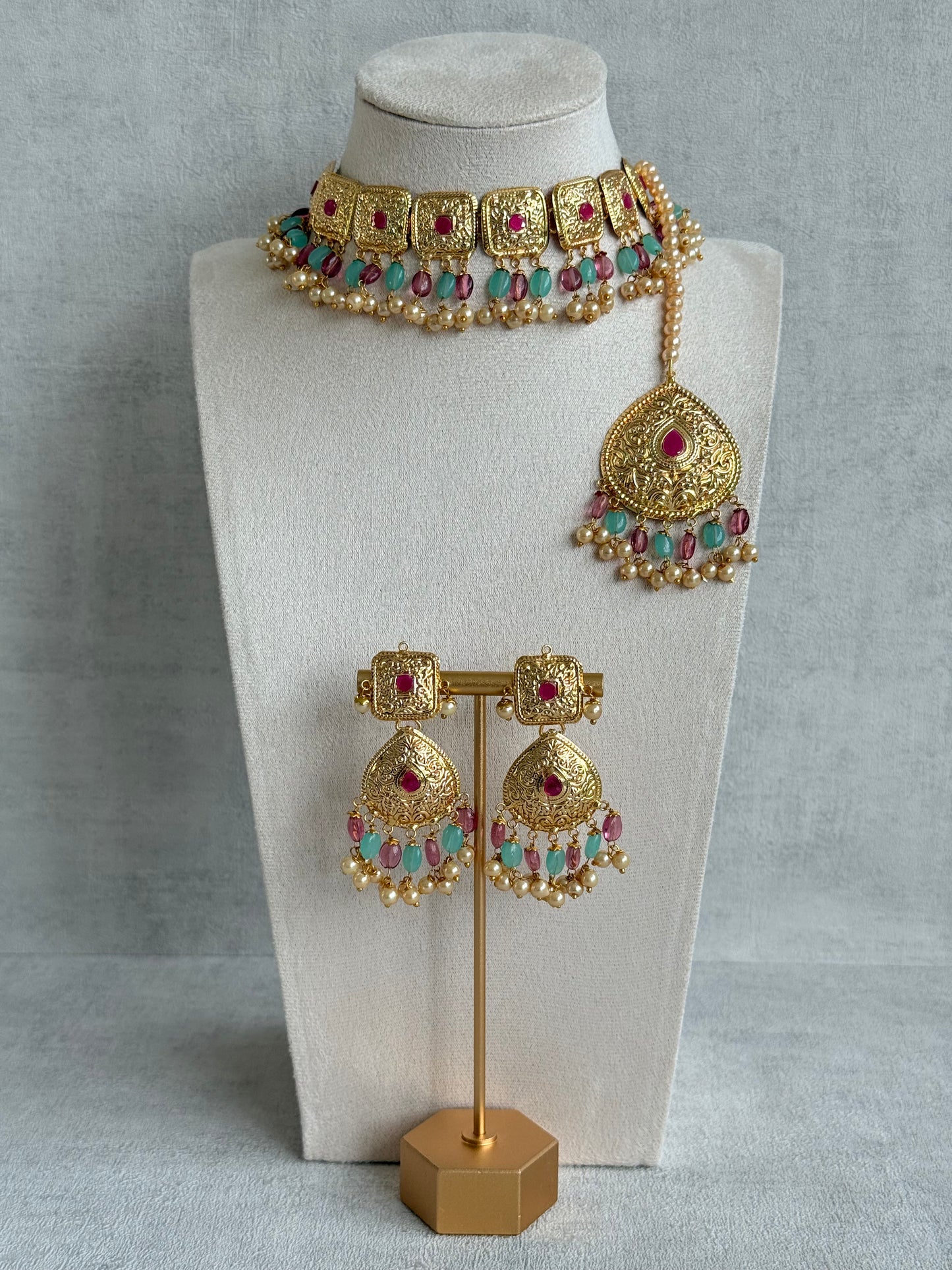 Ayura Designs Chetna Choker Set with Earrings & Tikka – Aqua & Rani Pink Beads, Cream Pearl Drops with Pipal Patti Detailing