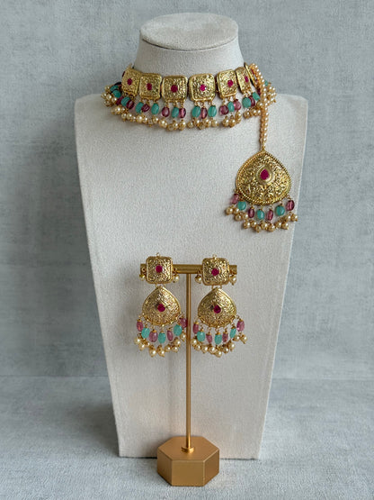 Ayura Designs Chetna Choker Set with Earrings & Tikka – Aqua & Rani Pink Beads, Cream Pearl Drops with Pipal Patti Detailing