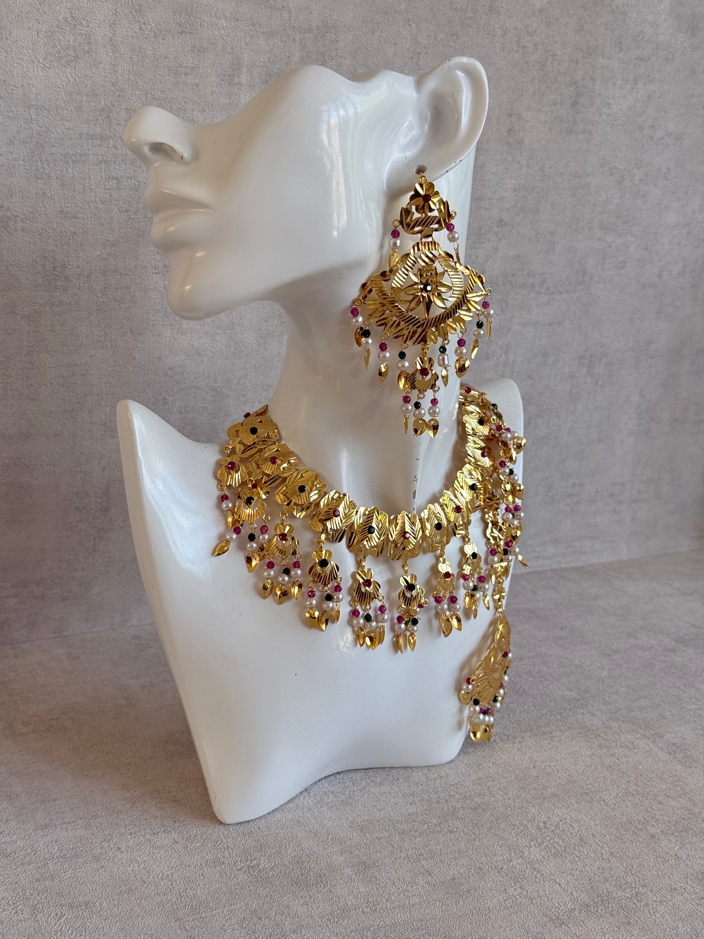 Ayura Designs Baisakhi Set with Earrings & Tikka – Gold Pipal Patti Design with Ruby Pink, Emerald Green & Pearl Detailing