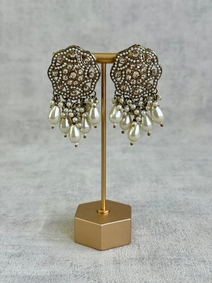 Ayura Designs Aynoor Halo Petal Earrings – Antique Gold Finish with Mirror-Cut Stones & Pearl Drops