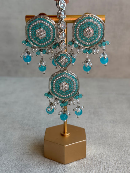 Ayura Designs Nomal Set with Earrings & Tikka – Aqua Blue Beads, Pearl Detailing & Silver Finish