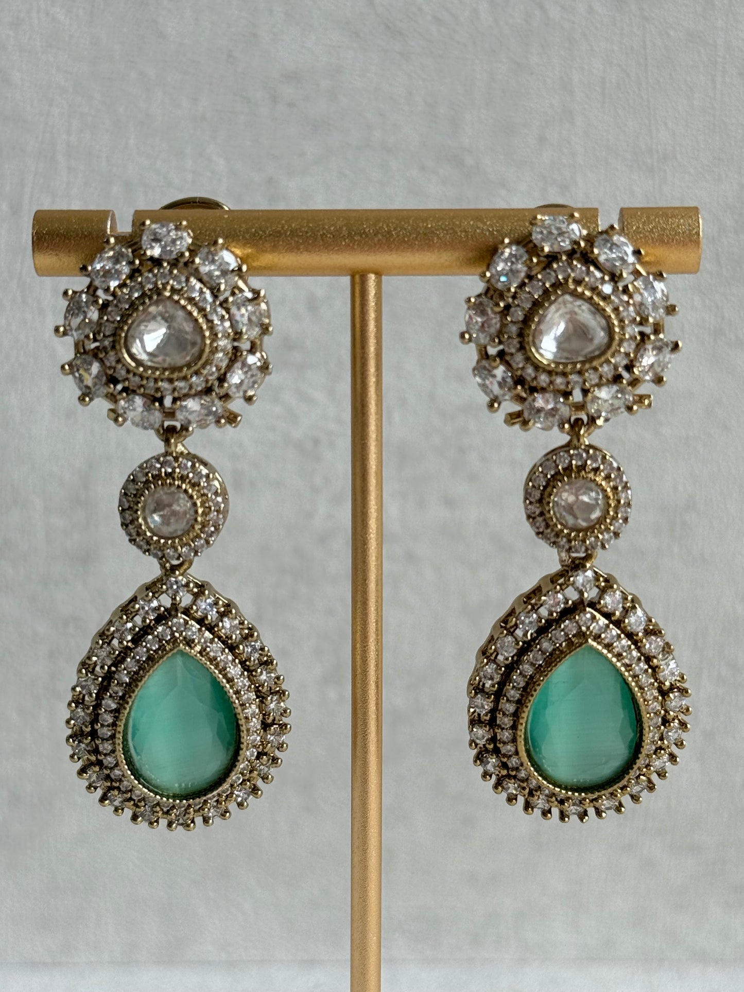 Ayura Designs Ahana Necklace Set with Earrings – Mint Green Teardrop Stones & Moissanite Detailing