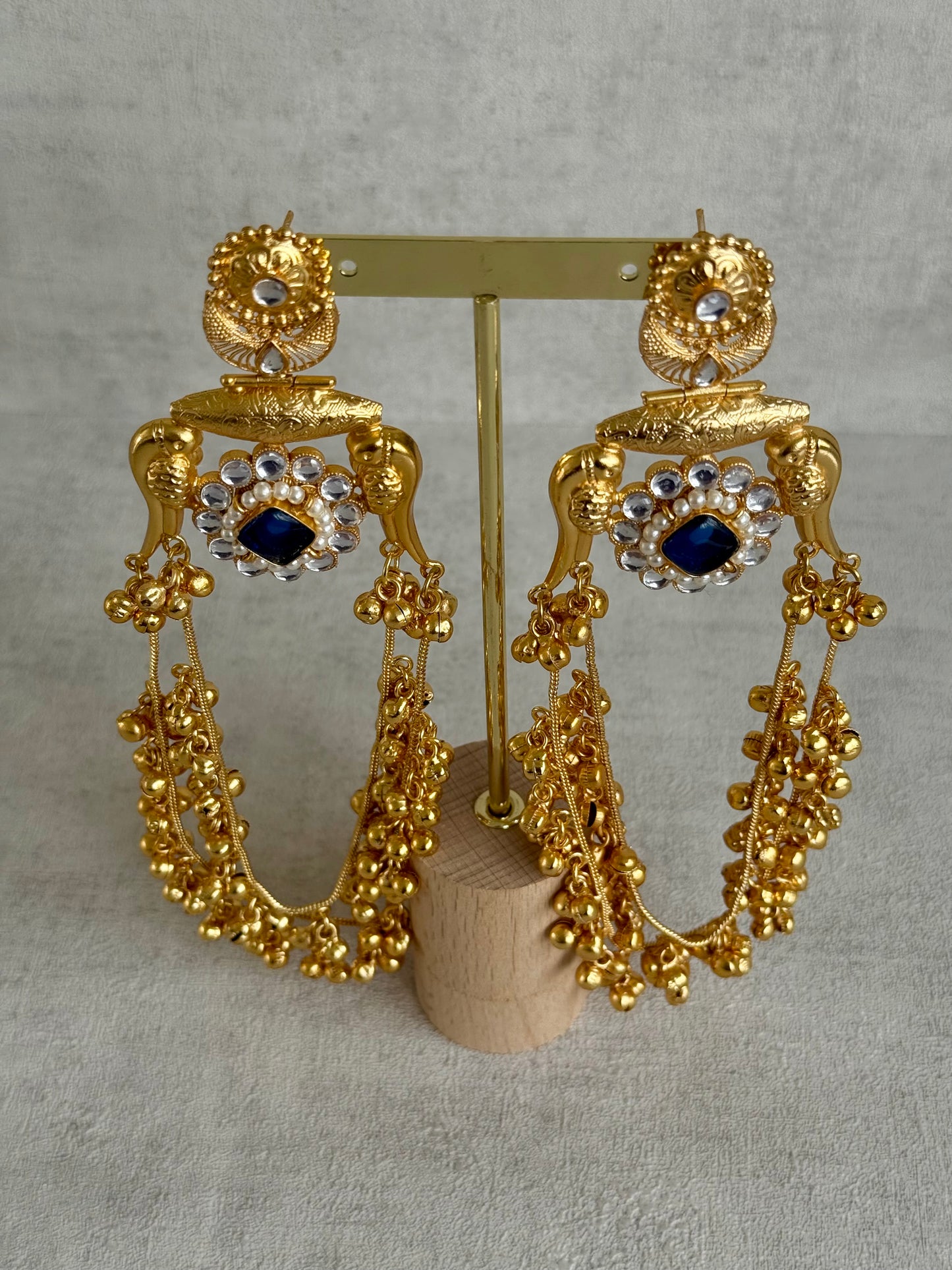 Ayura Designs Meelan Earrings – Antique Gold Earrings with Bird Motifs, Navy Stone & Ghungroo Detailing