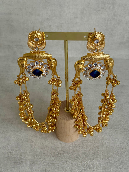 Ayura Designs Meelan Earrings – Antique Gold Earrings with Bird Motifs, Navy Stone & Ghungroo Detailing