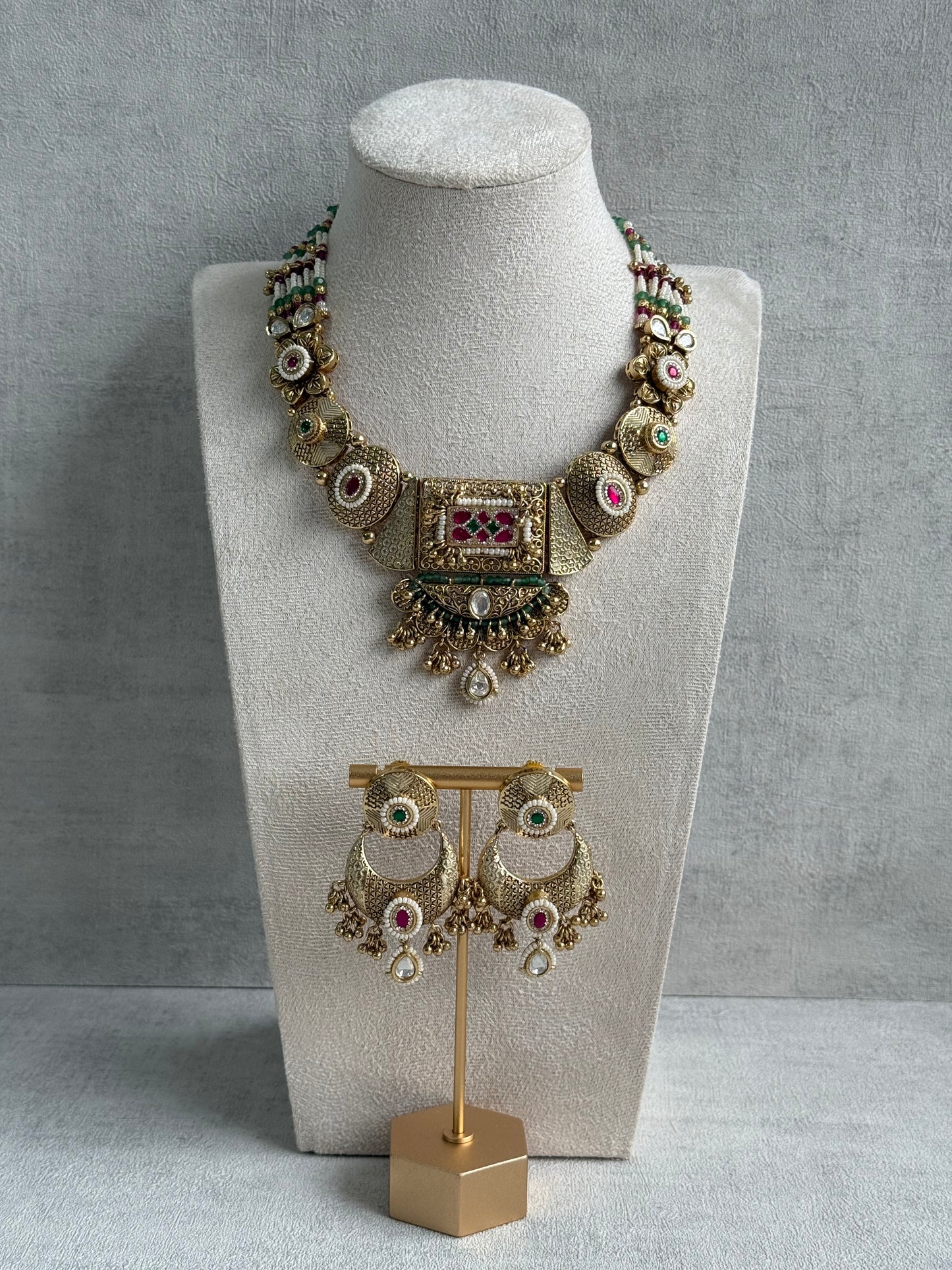 Ayura Designs Purvi Set – Necklace & Earrings with Antique Gold Filigree, Ruby, Emerald & Pearl Detailing
